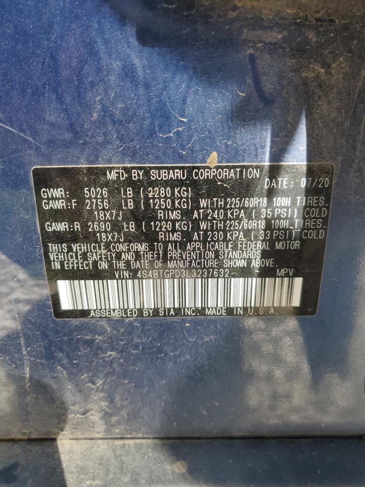 2020 Subaru Outback VIN 4S4BTGPD3L3237632 Copart auction photo, front end damage thumbnail 14