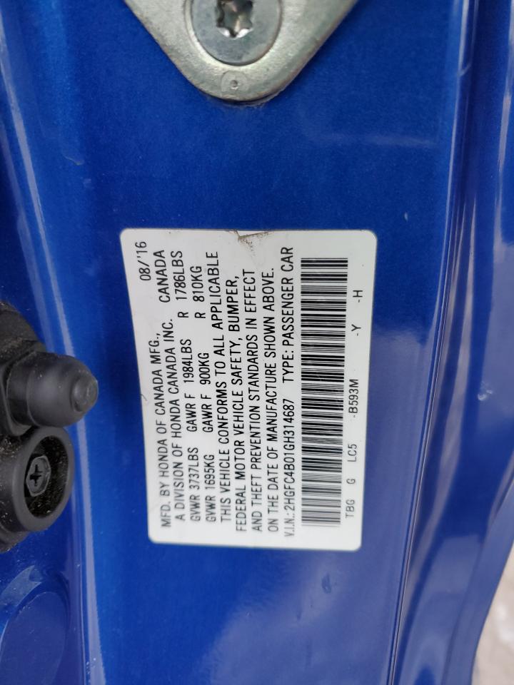 2016 Honda Civic VIN 2HGFC4B01GH314687 Copart auction photo, rear end damage thumbnail 13