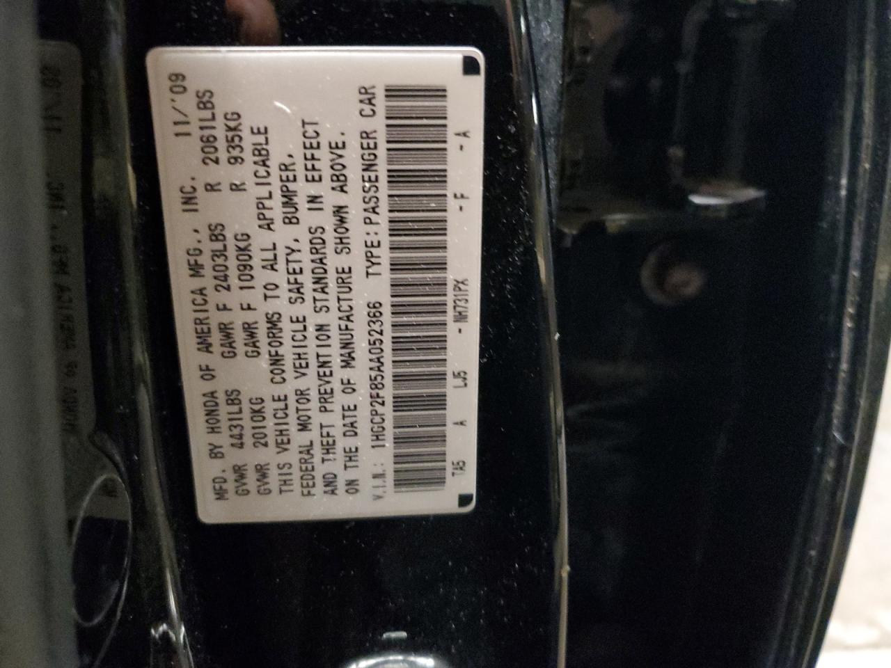 2010 Honda Accord VIN 1HGCP2F85AA052366 Copart auction photo, front end / undercarriage damage thumbnail 14