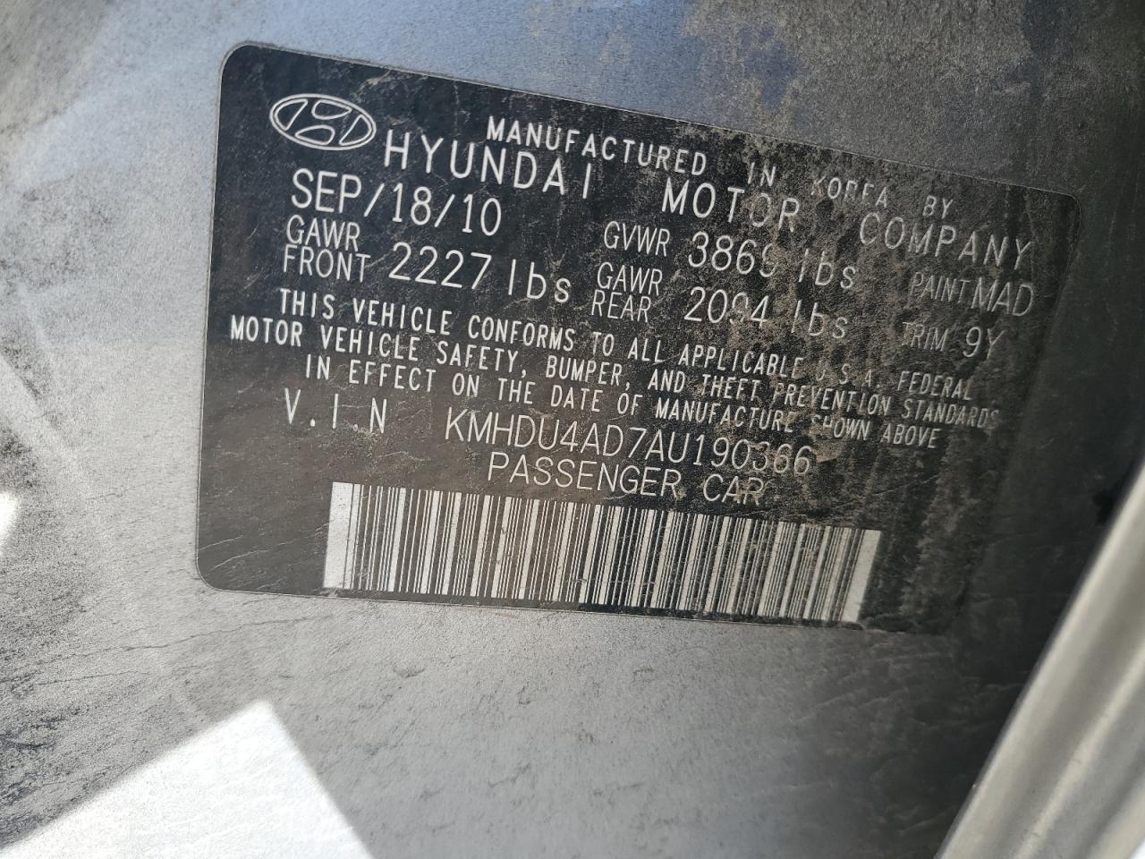 2010 Hyundai Elantra VIN KMHDU4AD7AU190366 Copart auction photo, front end damage thumbnail 12
