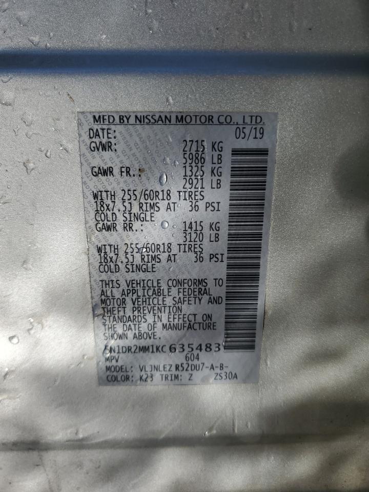 2019 Nissan Pathfinder VIN 5N1DR2MM1KC635483 Copart auction photo, front end / side damage thumbnail 13