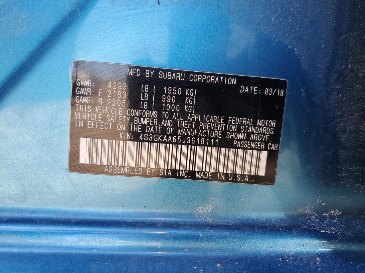 2018 Subaru Impreza VIN 4S3GKAA65J3618111 Copart auction photo, front end / minor dent/scratches damage thumbnail 12
