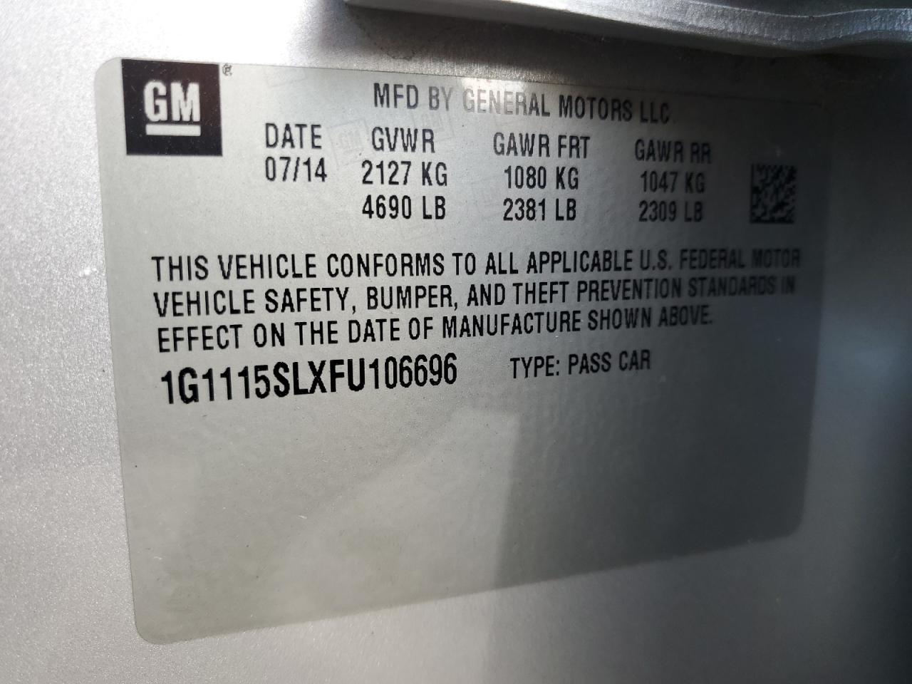 2015 Chevrolet Impala VIN 1G1115SLXFU106696 Copart auction photo, front end damage thumbnail 12