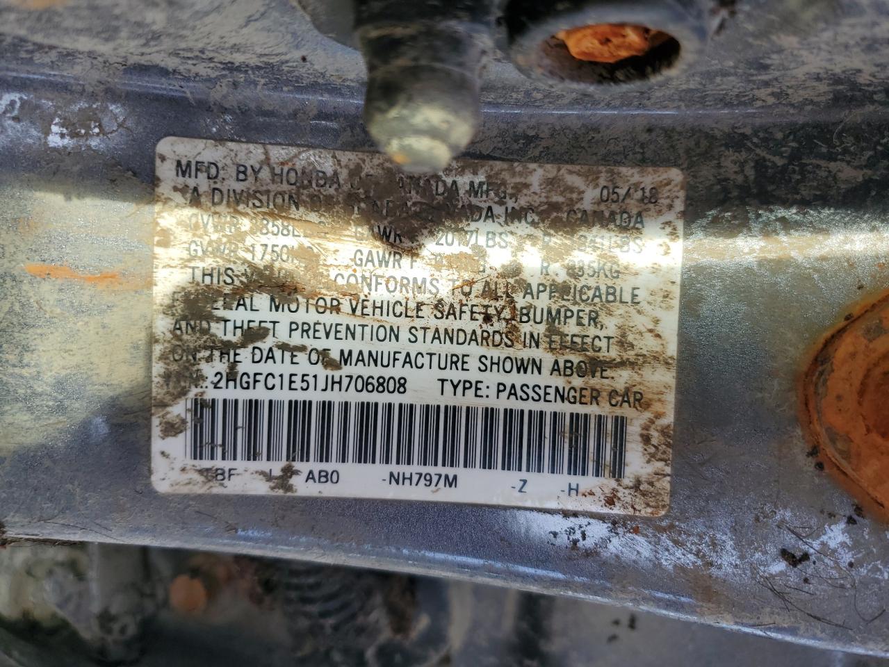 2018 Honda Civic VIN 2HGFC1E51JH706808 Copart auction photo, water/flood damage thumbnail 12
