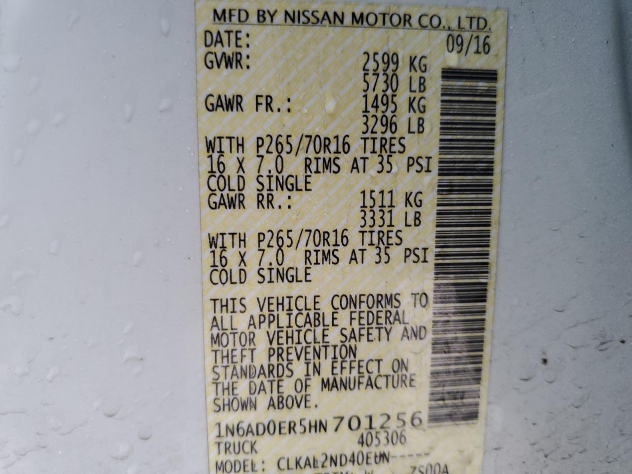 2017 Nissan Navara (Frontier) VIN 1N6AD0ER5HN701256 Copart auction photo, front end / minor dent/scratches damage thumbnail 14