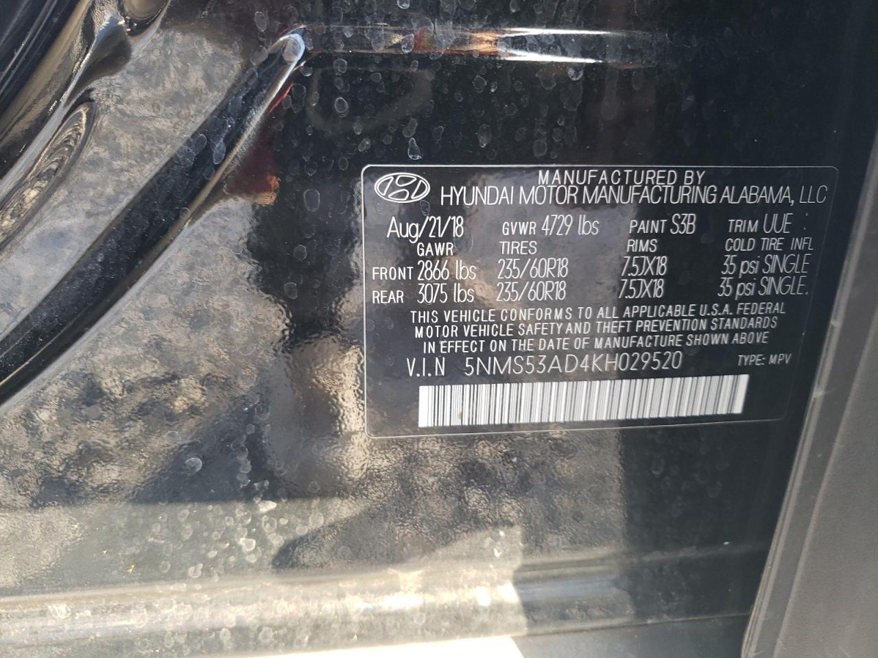 2019 Hyundai Santa Fe VIN 5NMS53AD4KH029520 Copart auction photo, all over damage thumbnail 13