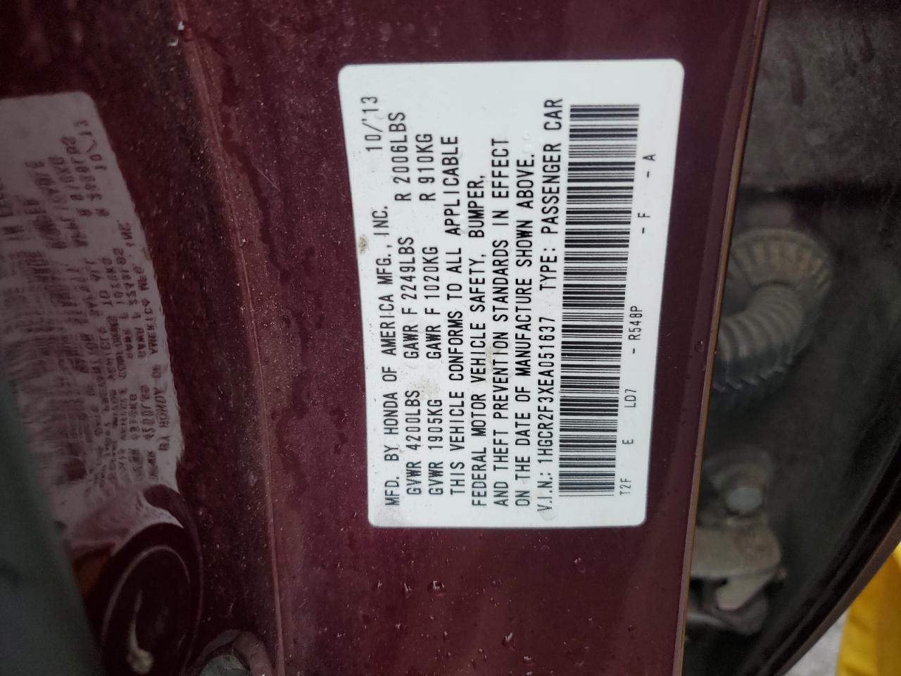2014 Honda Accord VIN 1HGCR2F3XEA051637 Copart auction photo, front end damage thumbnail 12