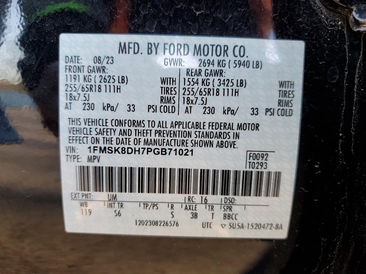 2023 Ford Explorer VIN 1FMSK8DH7PGB71021 Copart auction photo, front end damage thumbnail 14