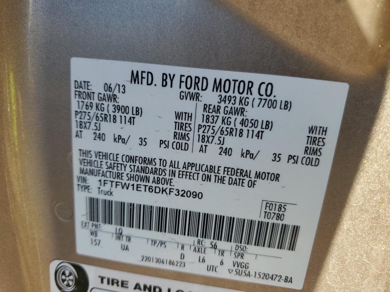 2013 Ford F-150 VIN 1FTFW1ET6DKF32090 Copart auction photo, front end / undercarriage damage thumbnail 15