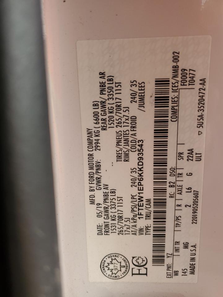2019 Ford F-150 VIN 1FTEW1EP6KKD93543 Copart auction photo, front end damage thumbnail 12