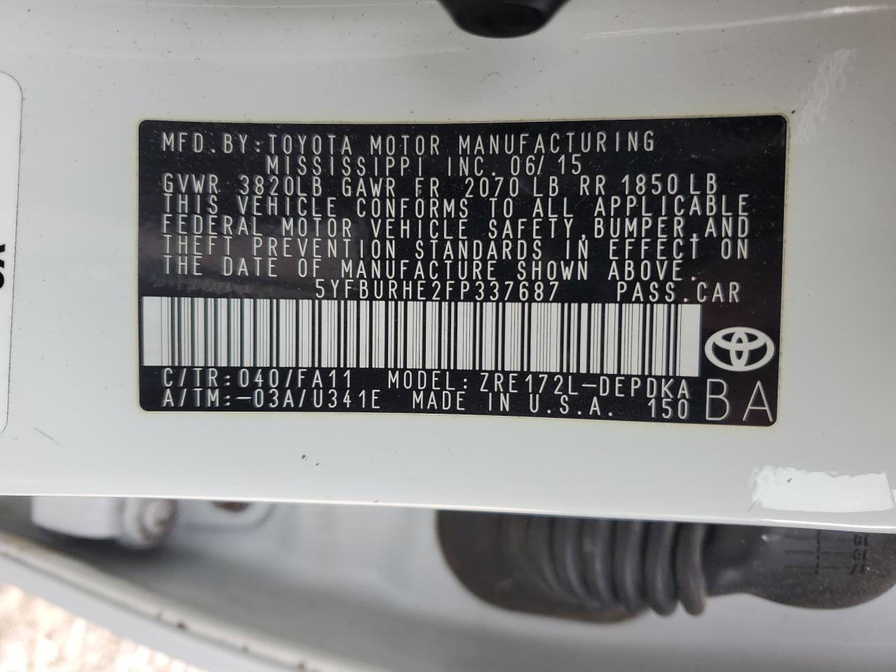 2015 Toyota Corolla VIN 5YFBURHE2FP337687 Copart auction photo, front end / minor dent/scratches damage thumbnail 13