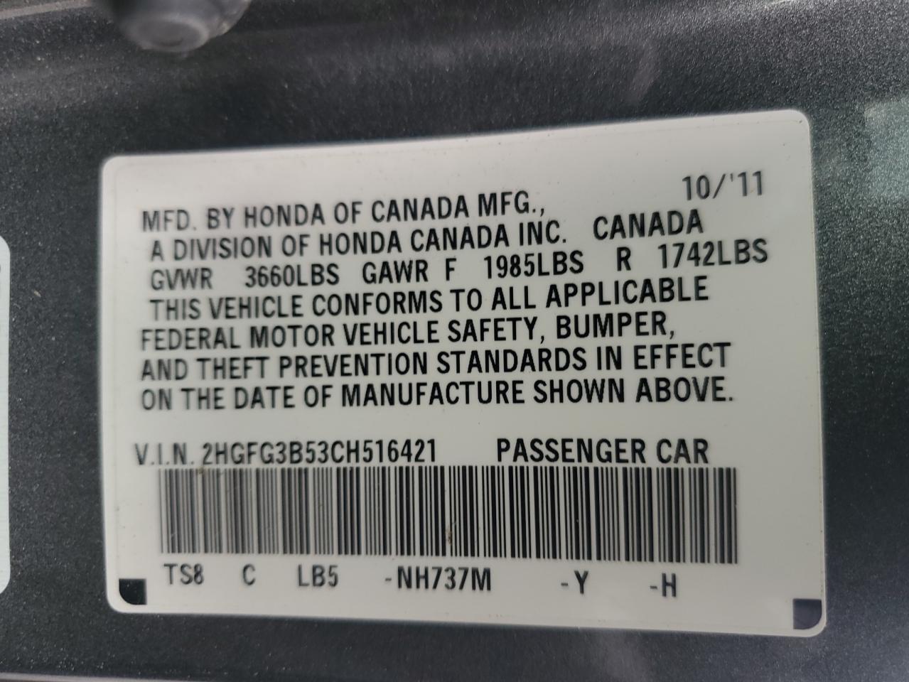 2012 Honda Civic VIN 2HGFG3B53CH516421 Copart auction photo, side / front end damage thumbnail 14