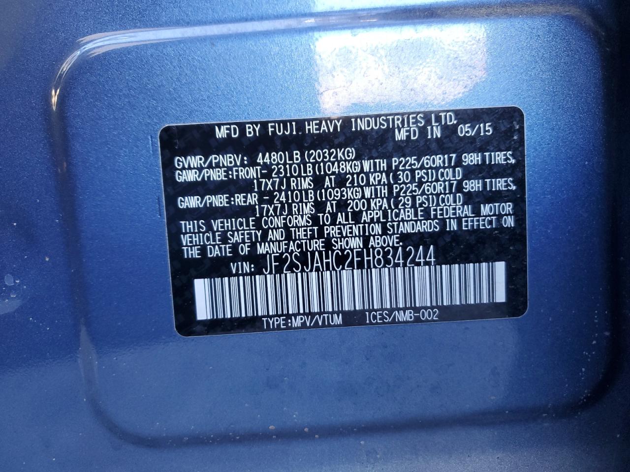 2015 Subaru Forester VIN JF2SJAHC2FH834244 Copart auction photo, front end / side damage thumbnail 13