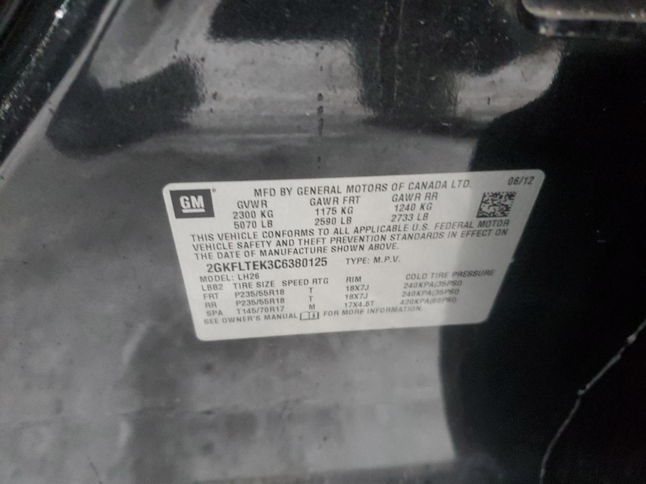 2012 GMC Terrain VIN 2GKFLTEK3C6380125 Copart auction photo, top/roof damage thumbnail 15