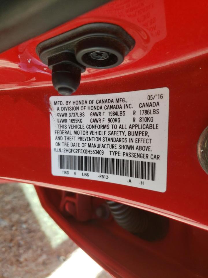 2016 Honda Civic VIN 2HGFC2F5XGH550409 Copart auction photo, rear end damage thumbnail 15