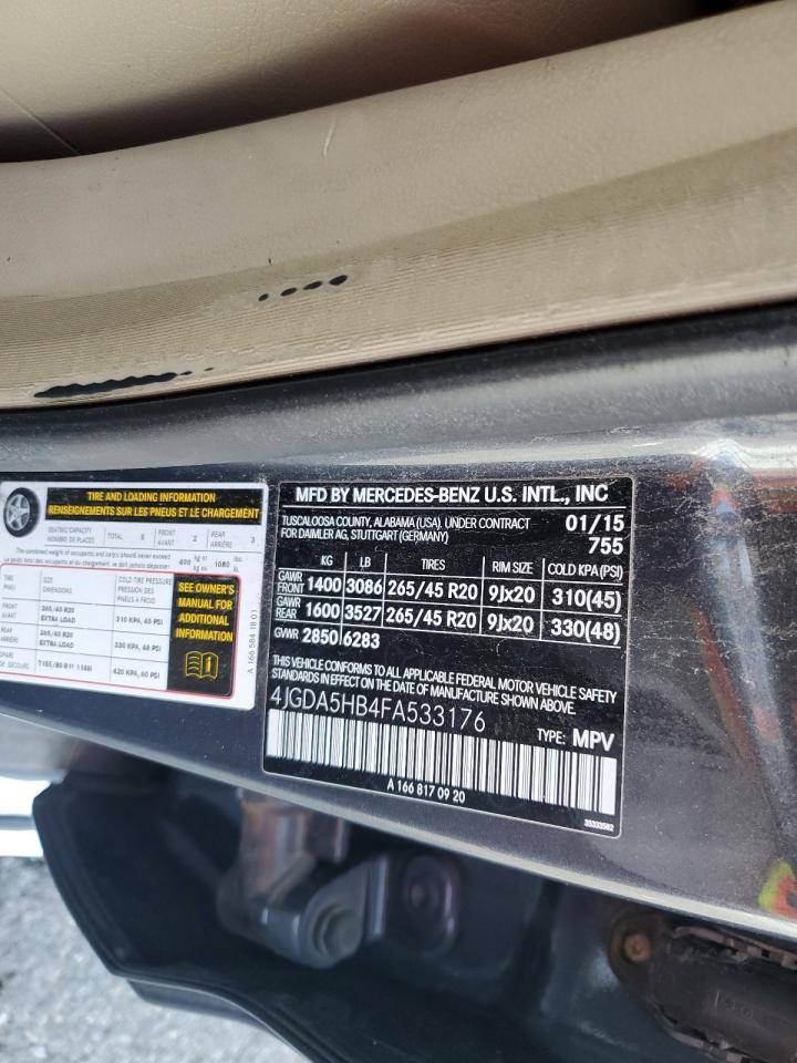 2015 Mercedes-Benz M-klasse VIN 4JGDA5HB4FA533176 Copart auction photo, minor dent/scratches damage thumbnail 13