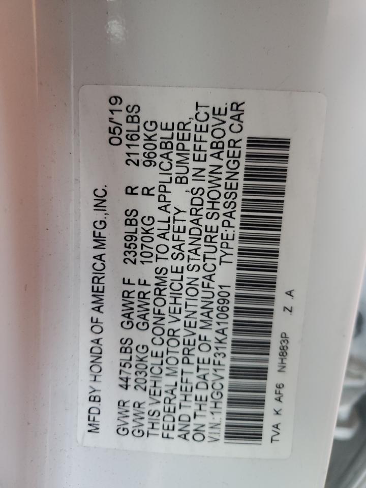 2019 Honda Accord VIN 1HGCV1F31KA106901 Copart auction photo, rear end damage thumbnail 13