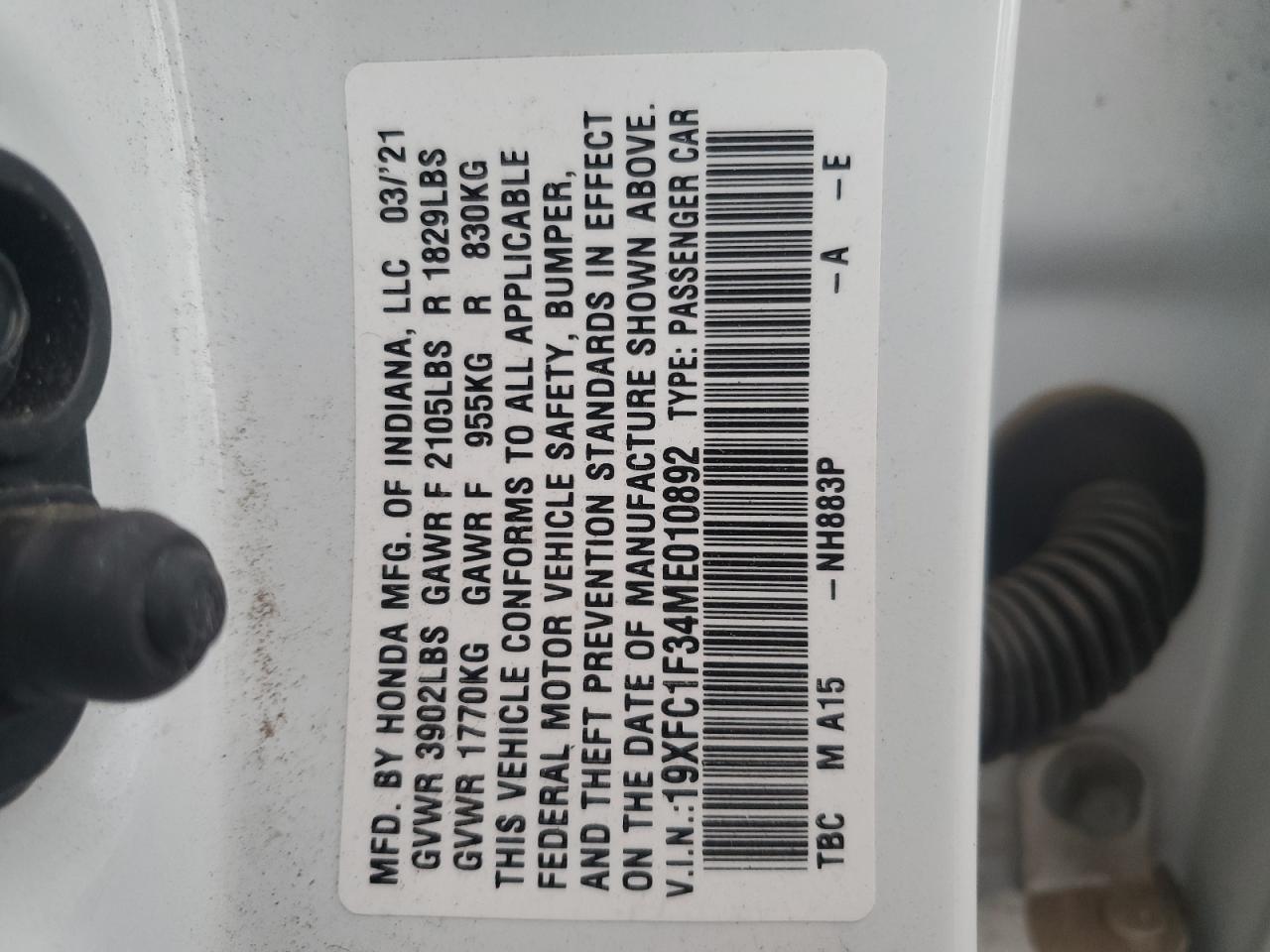 2021 Honda Civic VIN 19XFC1F34ME010892 Copart auction photo, front end / side damage thumbnail 14