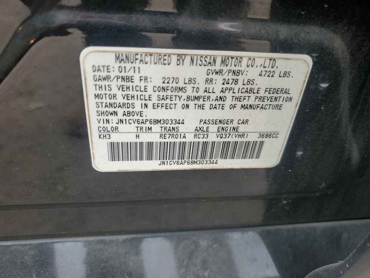 2011 Infiniti G VIN JN1CV6AP6BM303344 Copart auction photo, front end damage thumbnail 15