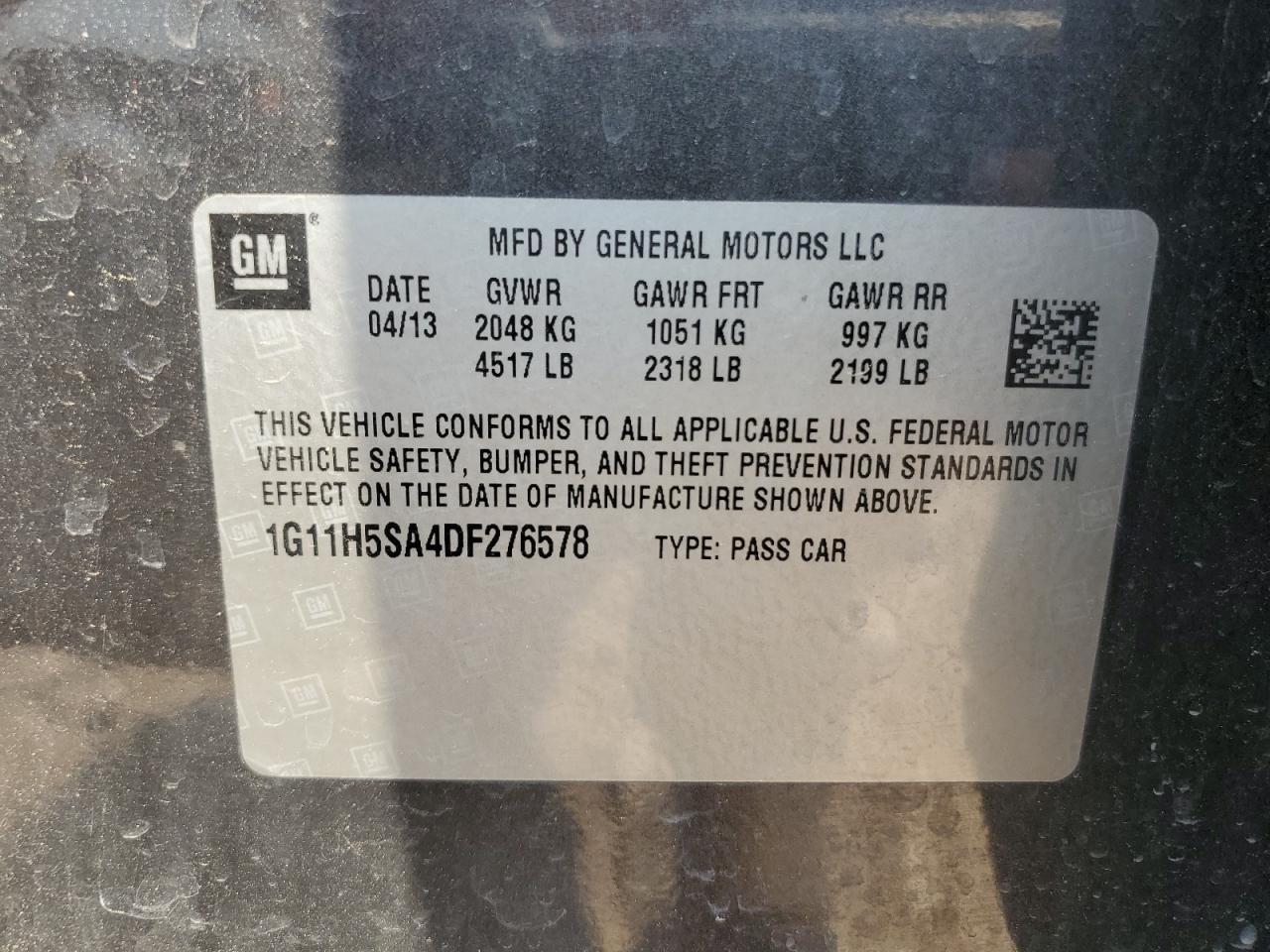 2013 Chevrolet Malibu VIN 1G11H5SA4DF276578 Copart auction photo, hail damage thumbnail 14