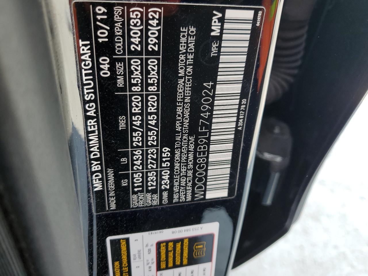 2020 Mercedes-Benz GLC VIN WDC0G8EB9LF749024 Copart auction photo, front end damage thumbnail 13