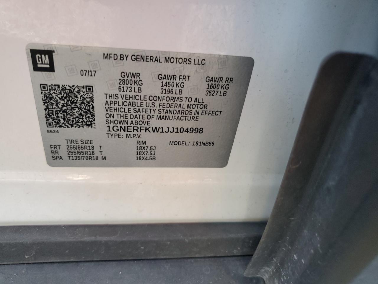 2018 Chevrolet Traverse VIN 1GNERFKW1JJ104998 Copart auction photo, front end damage thumbnail 16