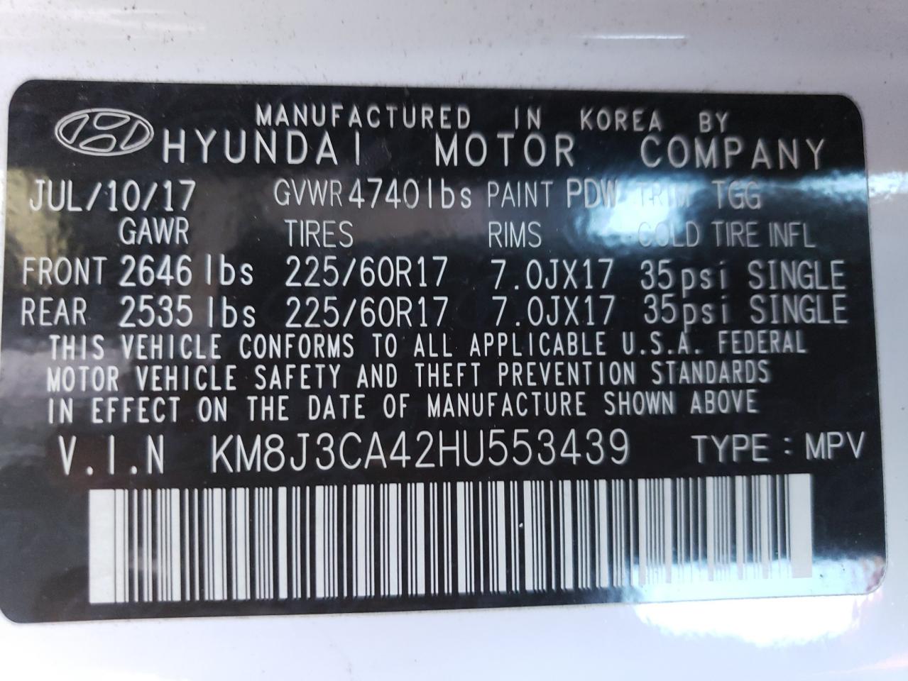 2017 Hyundai Tucson VIN KM8J3CA42HU553439 Copart auction photo, vandalism / minor dent/scratches damage thumbnail 13
