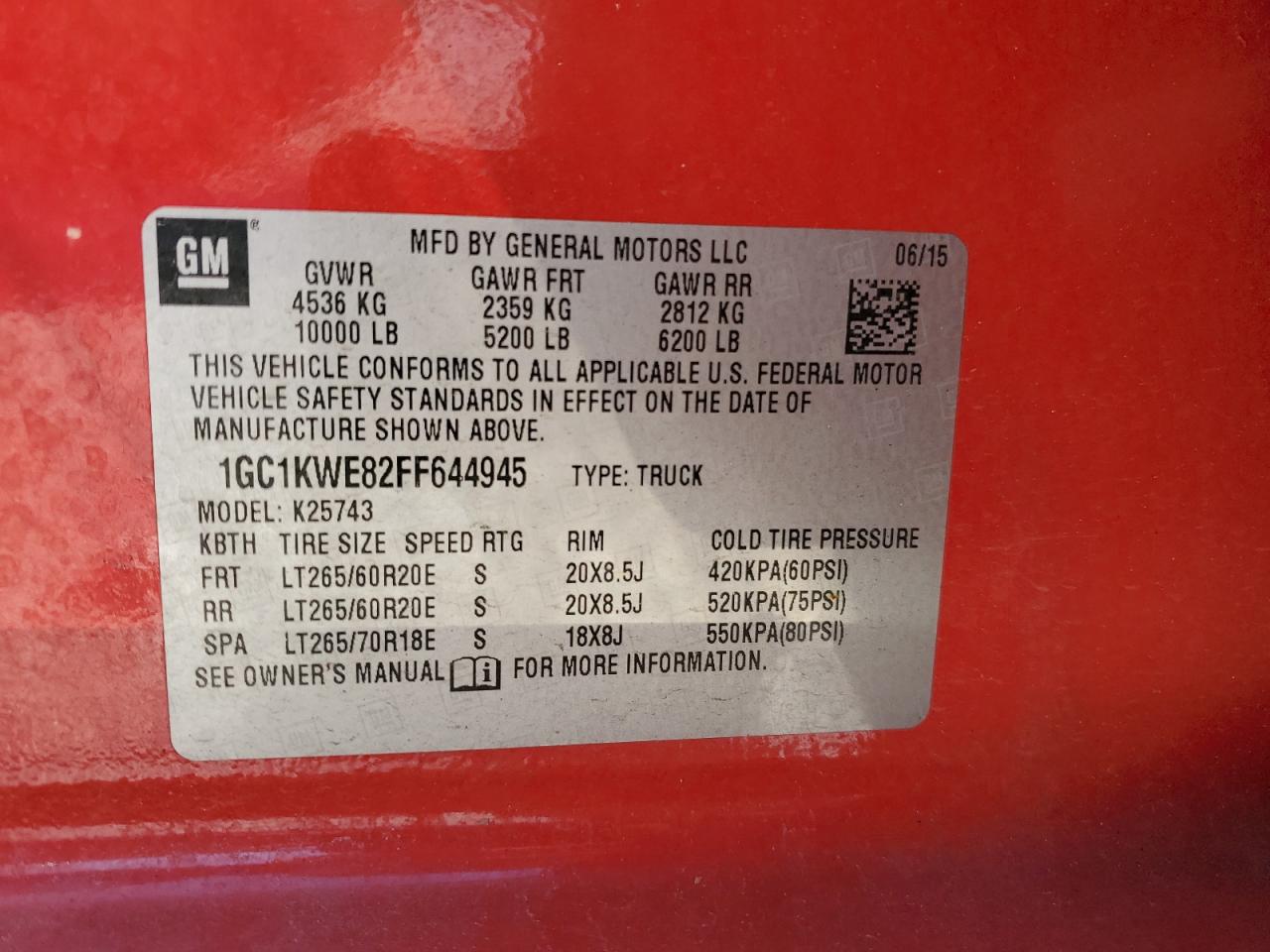 2015 Chevrolet Silverado VIN 1GC1KWE82FF644945 Copart auction photo, rear end / side damage thumbnail 12