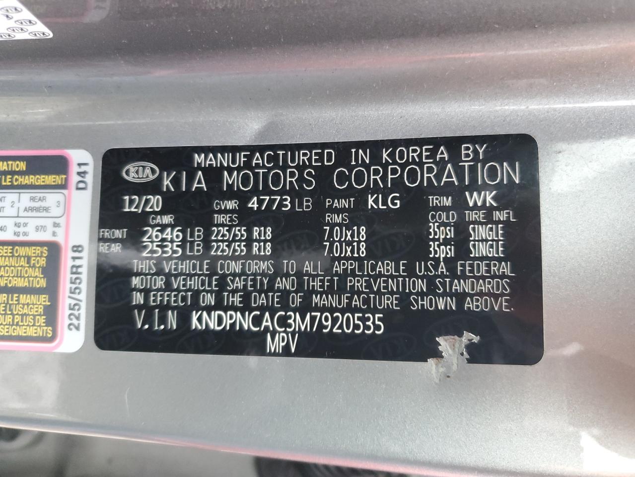 2021 KIA Sportage VIN KNDPNCAC3M7920535 Copart auction photo, rear end damage thumbnail 13
