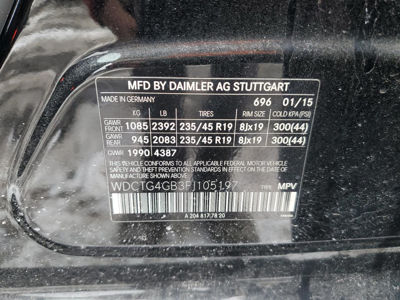2015 Mercedes-Benz GLA-klasse VIN WDCTG4GB3FJ105197 Copart auction photo, front end / minor dent/scratches damage thumbnail 15