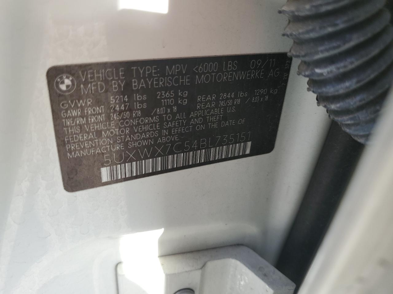 2011 BMW X3 VIN 5UXWX7C54BL735151 Copart auction photo, front end damage thumbnail 13