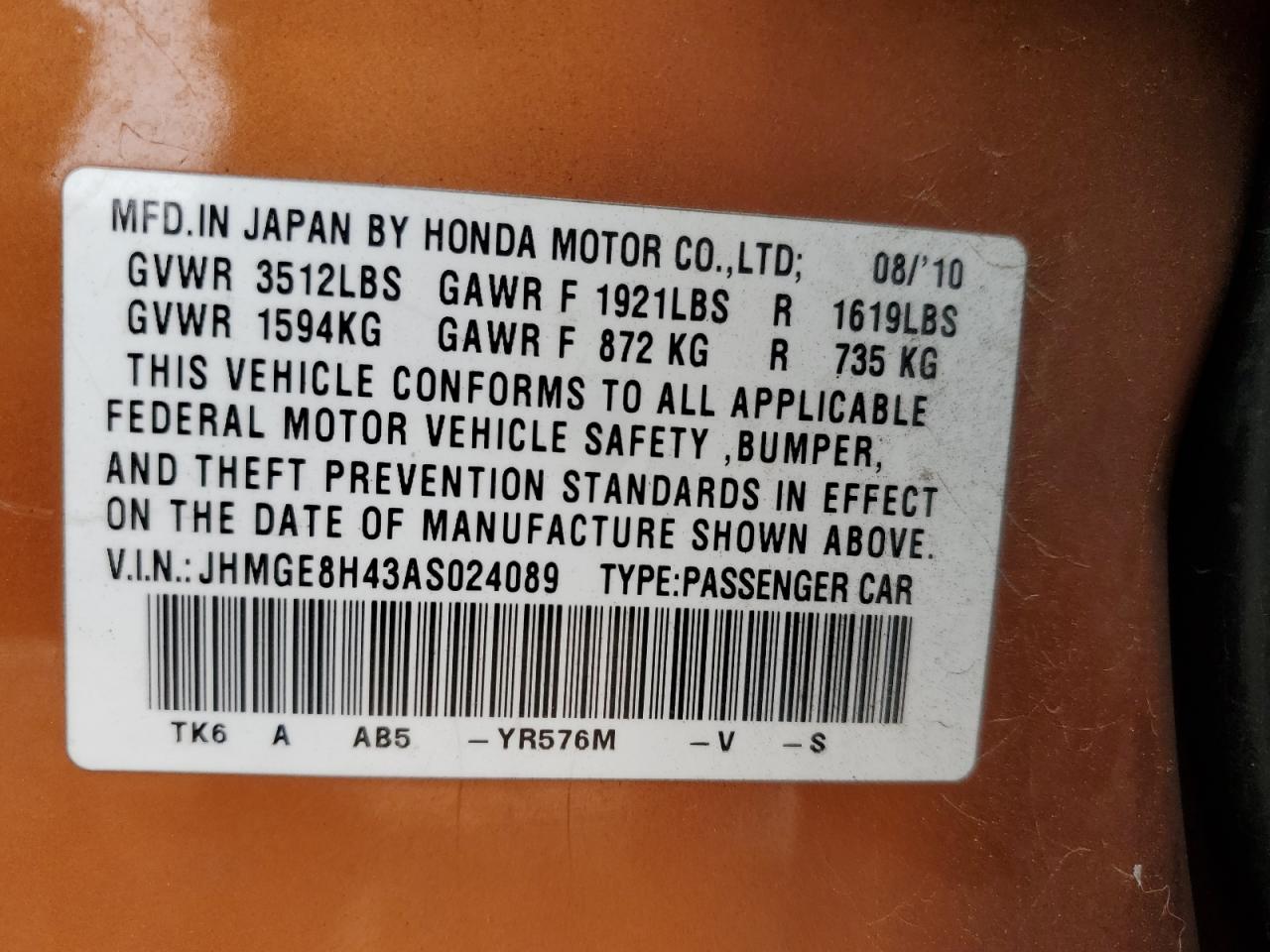 2010 Honda Fit VIN JHMGE8H43AS024089 Copart auction photo, side damage thumbnail 12