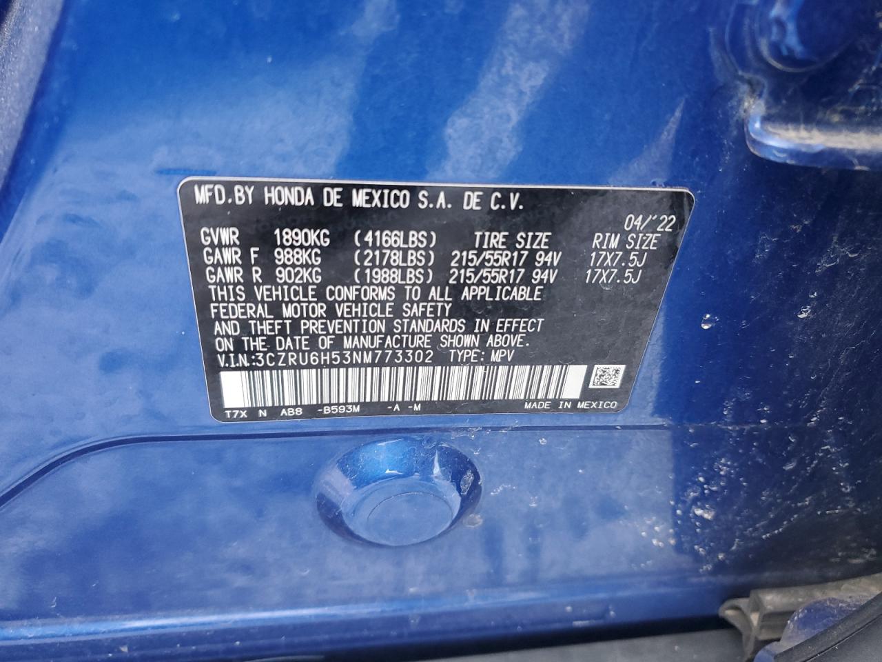 2022 Honda HR-V VIN 3CZRU6H53NM773302 Copart auction photo, front end damage thumbnail 14