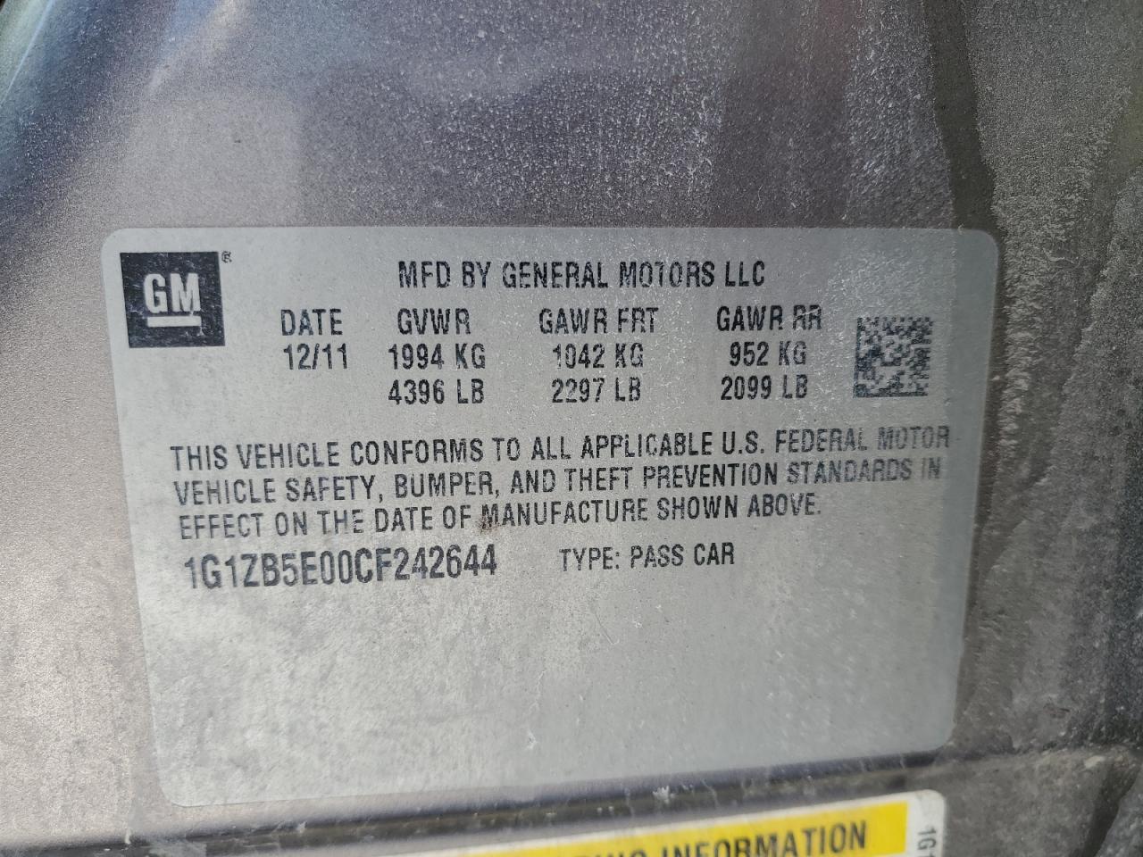 2012 Chevrolet Malibu VIN 1G1ZB5E00CF242644 Copart auction photo, minor dent/scratches damage thumbnail 12