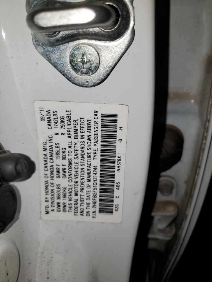 2012 Honda Civic VIN 2HGFB2F51CH314244 Copart auction photo, front end / side damage thumbnail 15