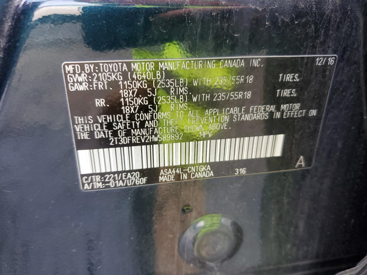 2017 Toyota RAV 4 VIN 2T3DFREV2HW589892 Copart auction photo, side / minor dent/scratches damage thumbnail 13