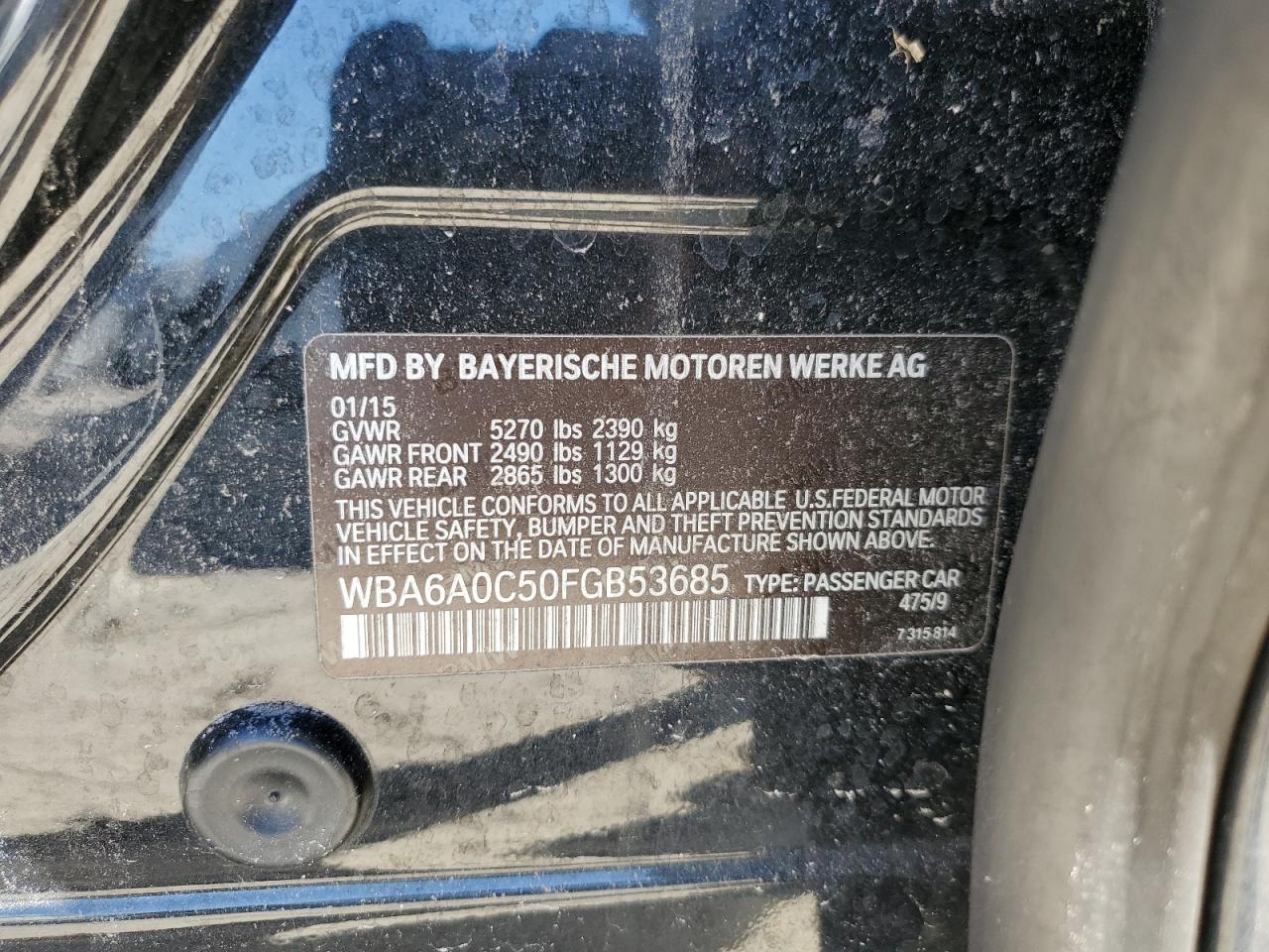 2015 BMW 6er VIN WBA6A0C50FGB53685 Copart auction photo, water/flood damage thumbnail 13