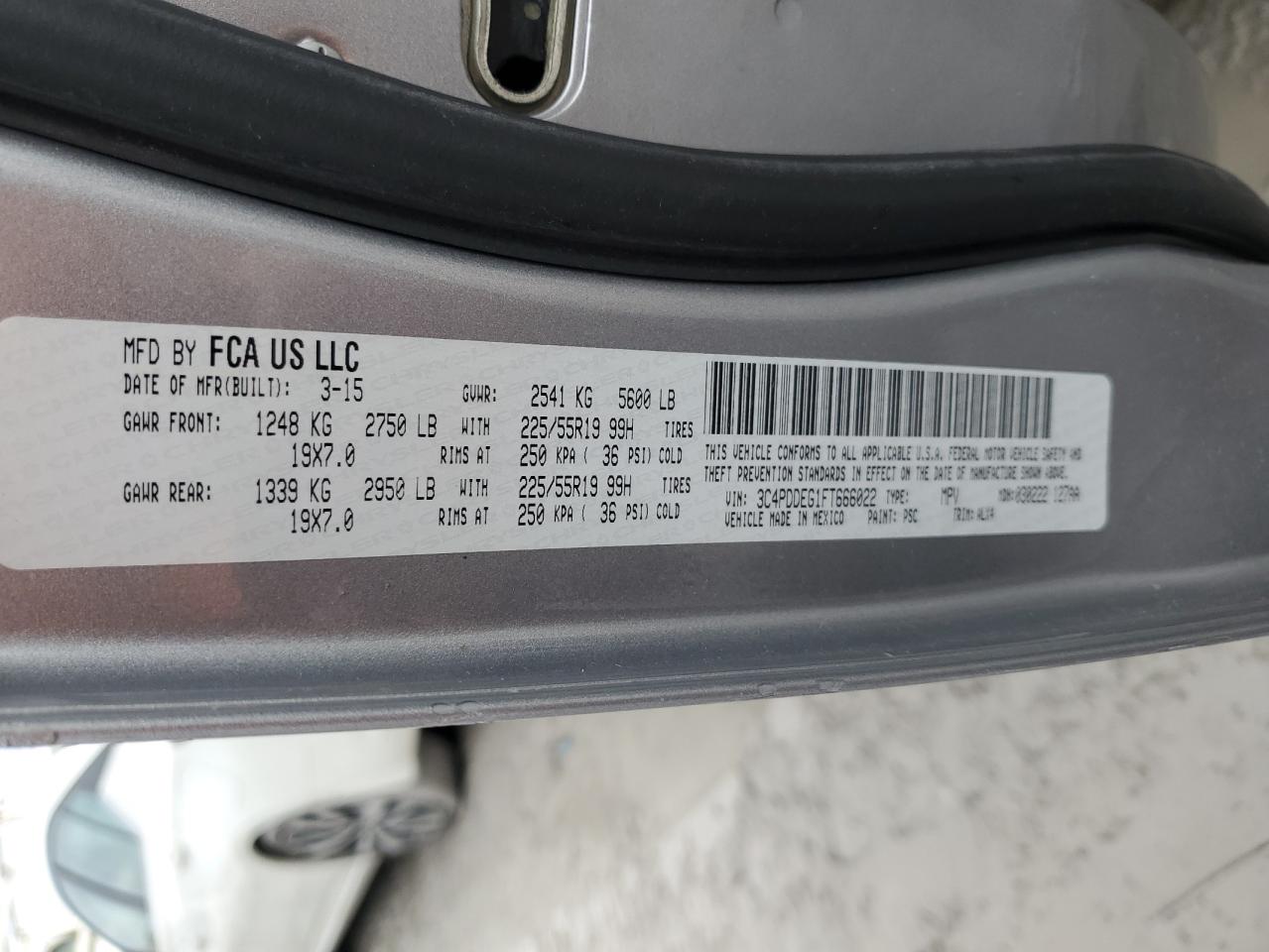 2015 Dodge Journey VIN 3C4PDDEG1FT666022 Copart auction photo, all over damage thumbnail 14