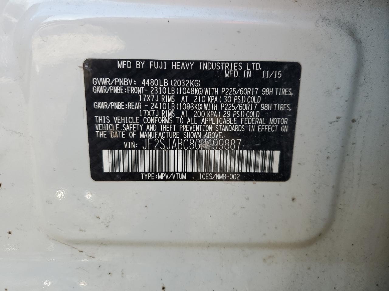2016 Subaru Forester VIN JF2SJABC8GH499887 Copart auction photo, front end damage thumbnail 12