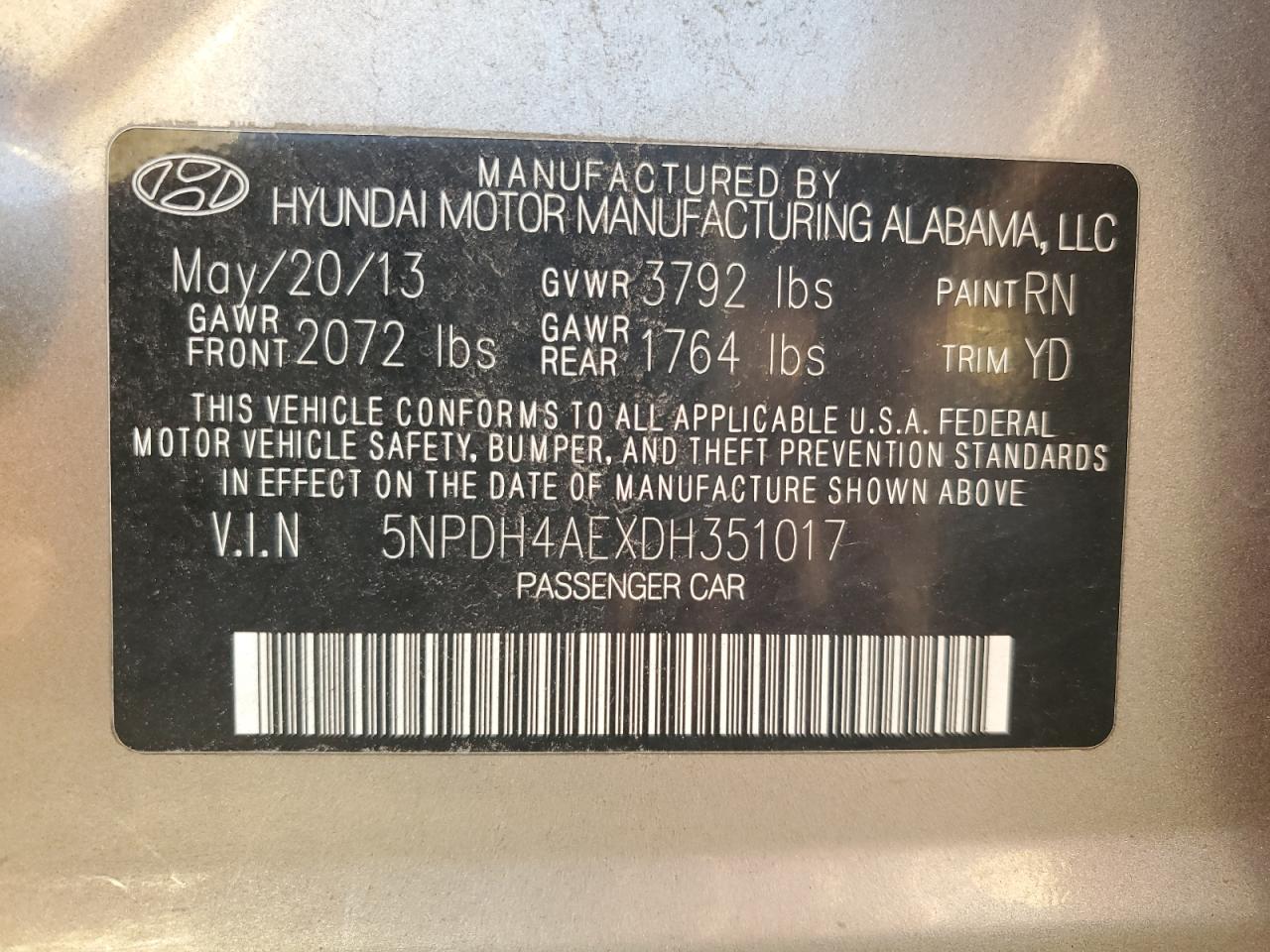 2013 Hyundai Elantra VIN 5NPDH4AEXDH351017 Copart auction photo, front end / rear end damage thumbnail 12
