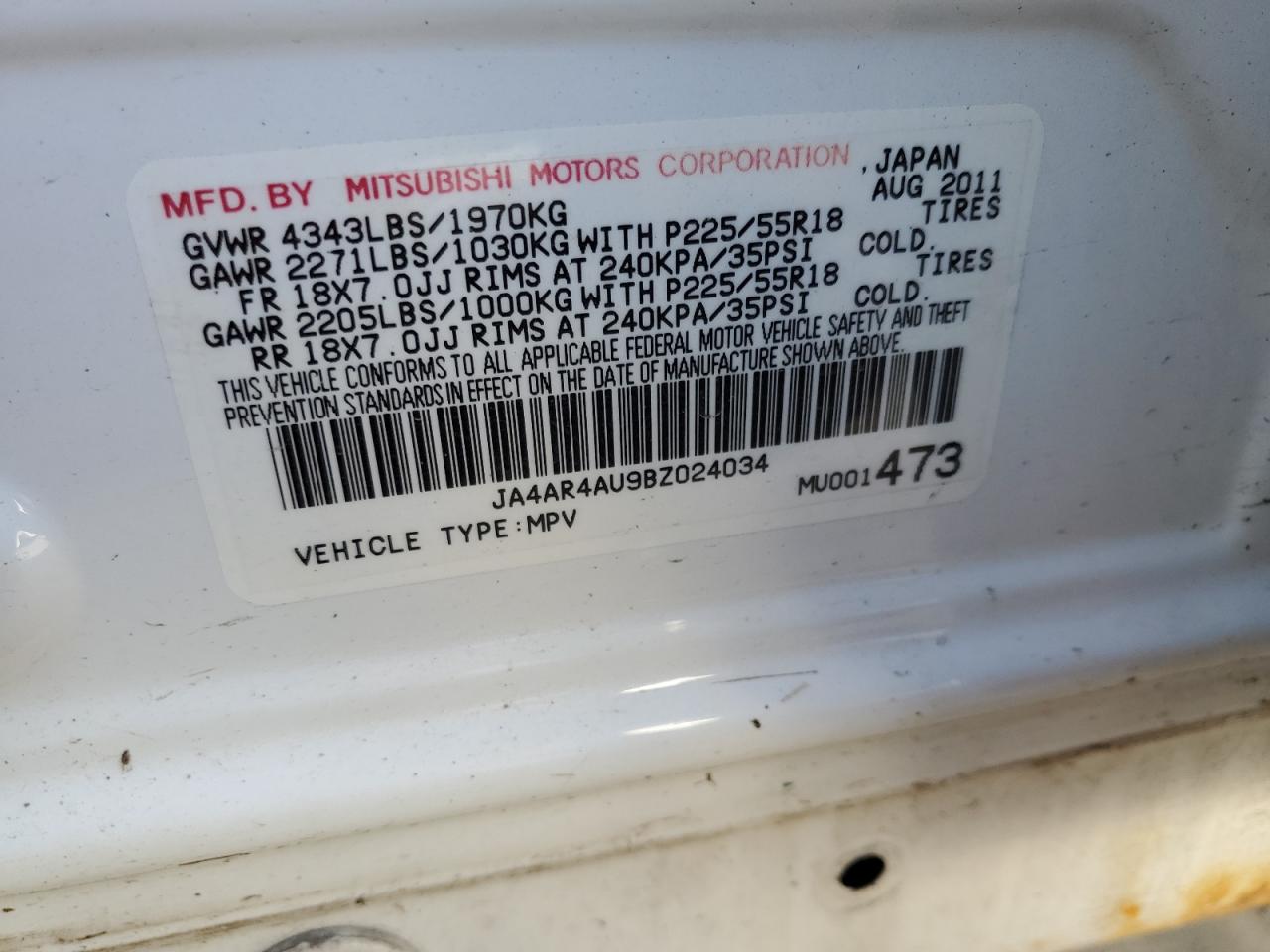 2011 Mitsubishi Outlander VIN JA4AR4AU9BZ024034 Copart auction photo, frame damage damage thumbnail 12