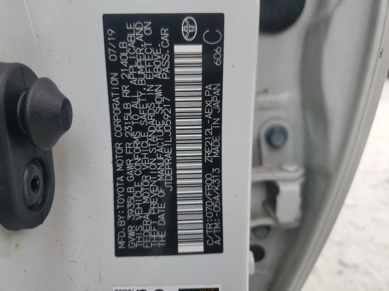 2020 Toyota Corolla VIN JTDEPRAE1LJ059217 Copart auction photo, all over damage thumbnail 12