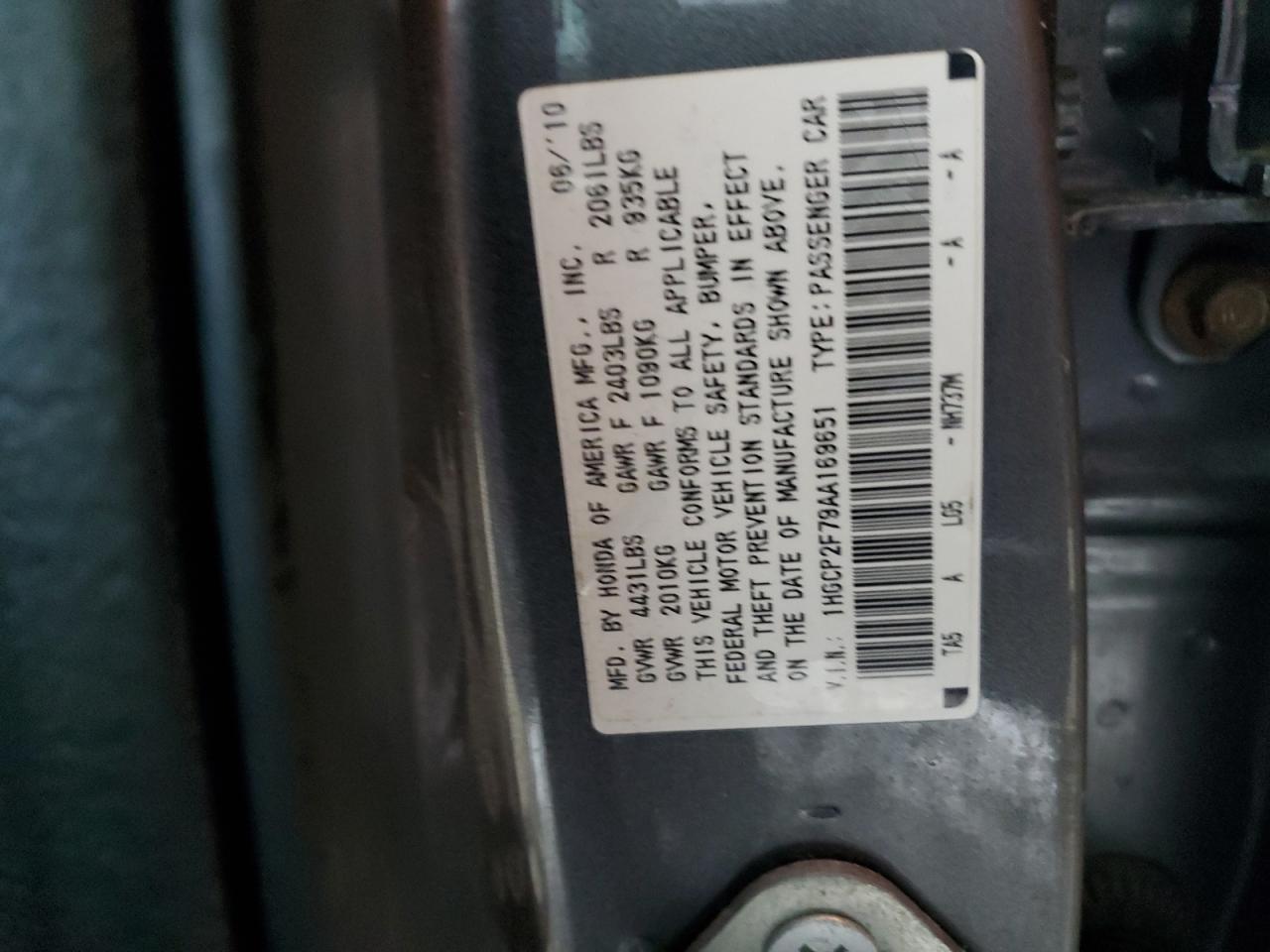2010 Honda Accord VIN 1HGCP2F79AA169651 Copart auction photo, front end / mechanical damage thumbnail 12