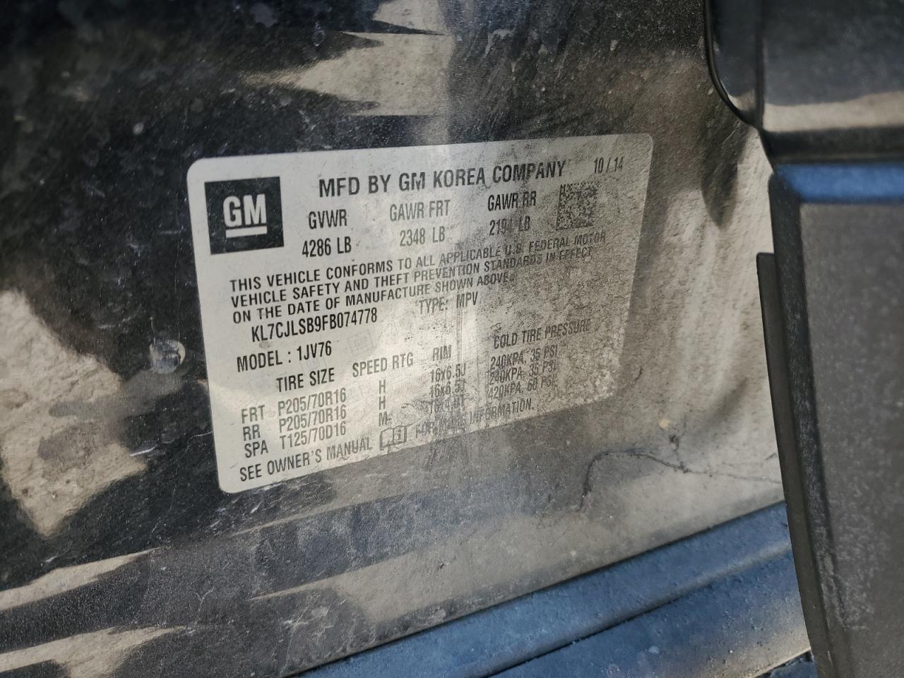 2015 Chevrolet Trax VIN KL7CJLSB9FB074778 Copart auction photo, undercarriage damage thumbnail 15