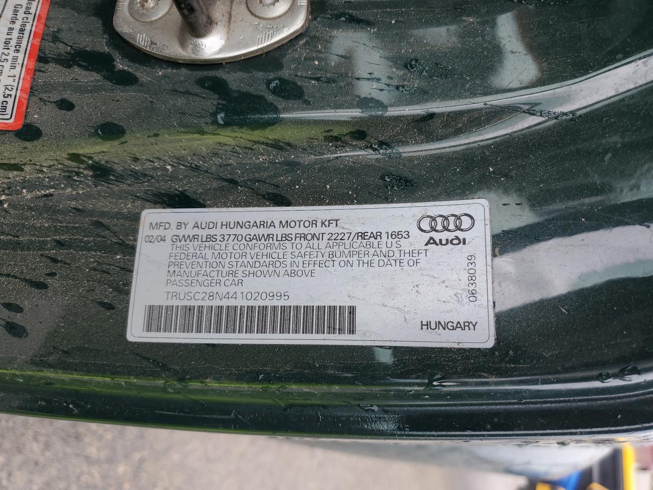 2004 Audi TT VIN TRUSC28N441020995 Copart auction photo, front end damage thumbnail 12