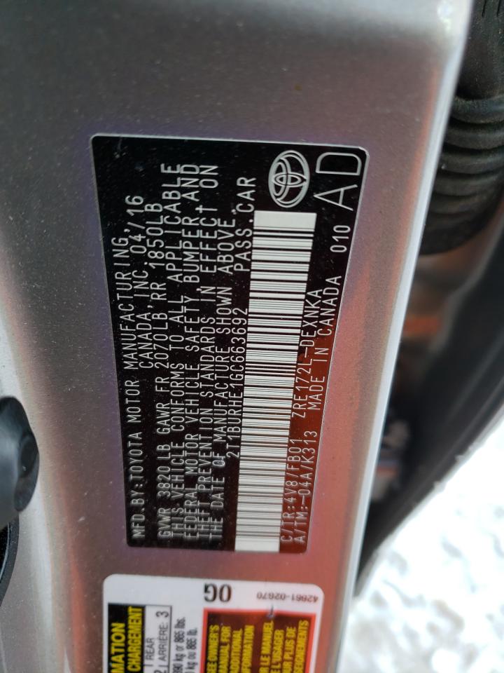 2016 Toyota Corolla VIN 2T1BURHE1GC663692 Copart auction photo, front end / undercarriage damage thumbnail 12