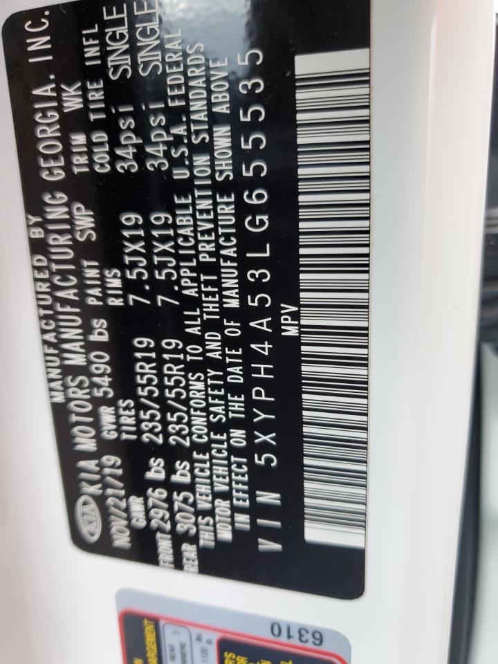 2020 KIA Sorento VIN 5XYPH4A53LG655535 Copart auction photo, water/flood damage thumbnail 14