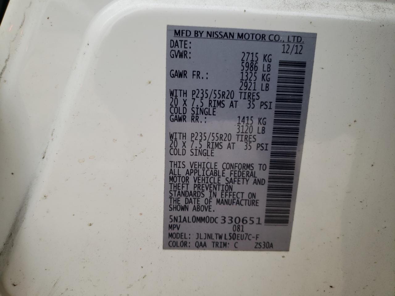 2013 Infiniti JX VIN 5N1AL0MM0DC330651 Copart auction photo, front end / side damage thumbnail 16