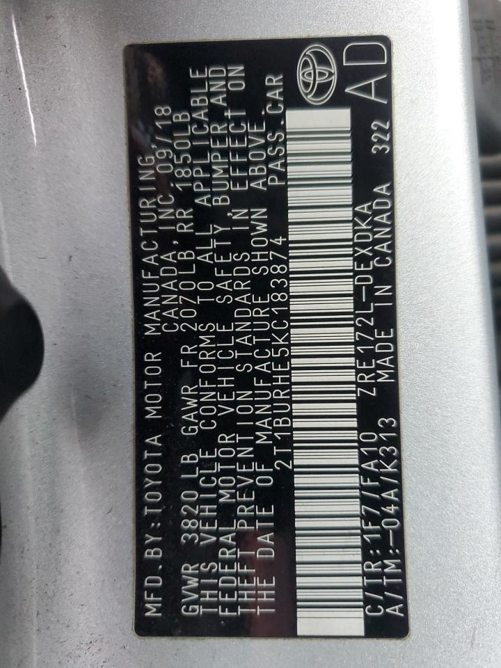 2019 Toyota Corolla VIN 2T1BURHE5KC183874 Copart auction photo, rear end / water/flood damage thumbnail 13