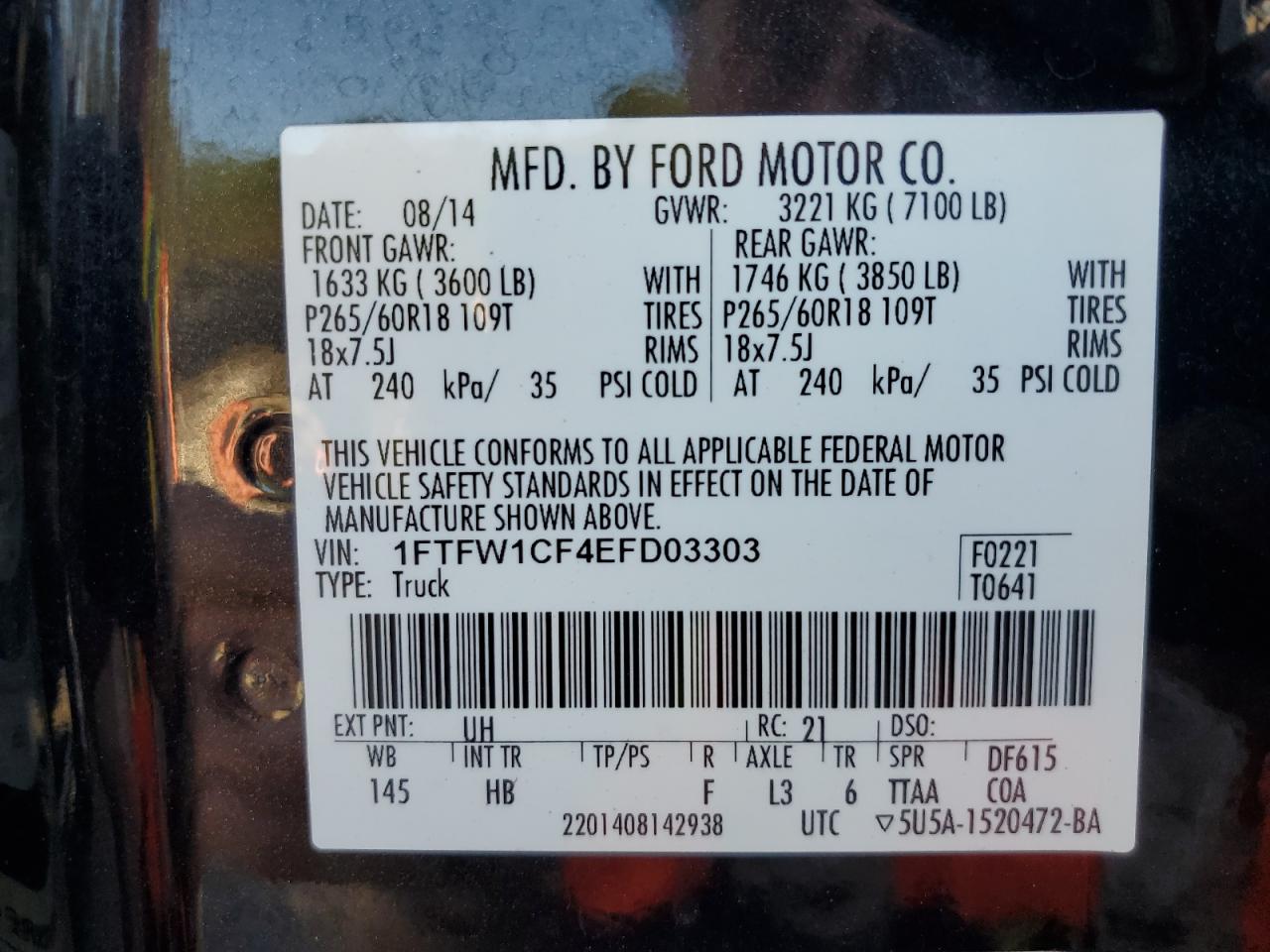 2014 Ford F-150 VIN 1FTFW1CF4EFD03303 Copart auction photo, top/roof / rear end damage thumbnail 13